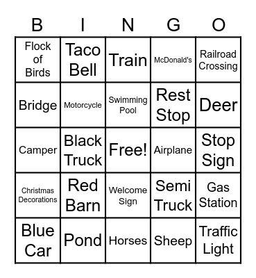 Tennesse Car Trip Bingo Card