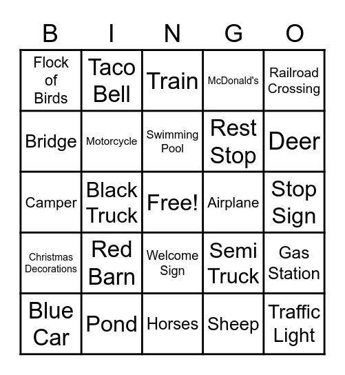 Tennesse Car Trip Bingo Card