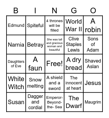 Year 7 Review The Lion, The Witch, and The Wardrobe Bingo Card