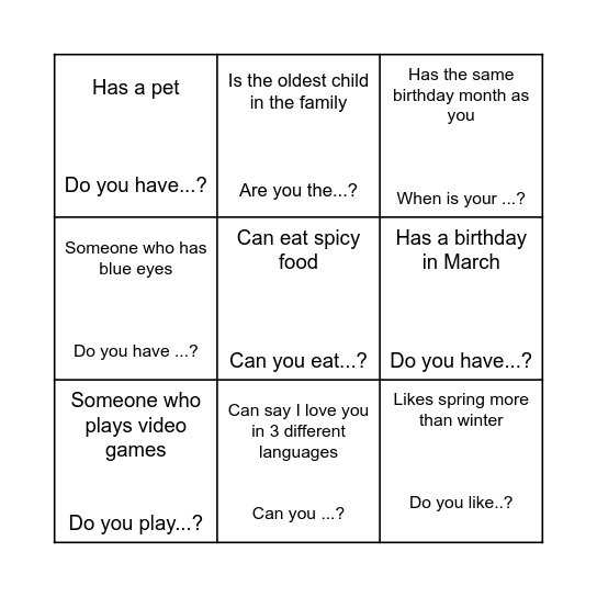 Find Someone who Bingo Card