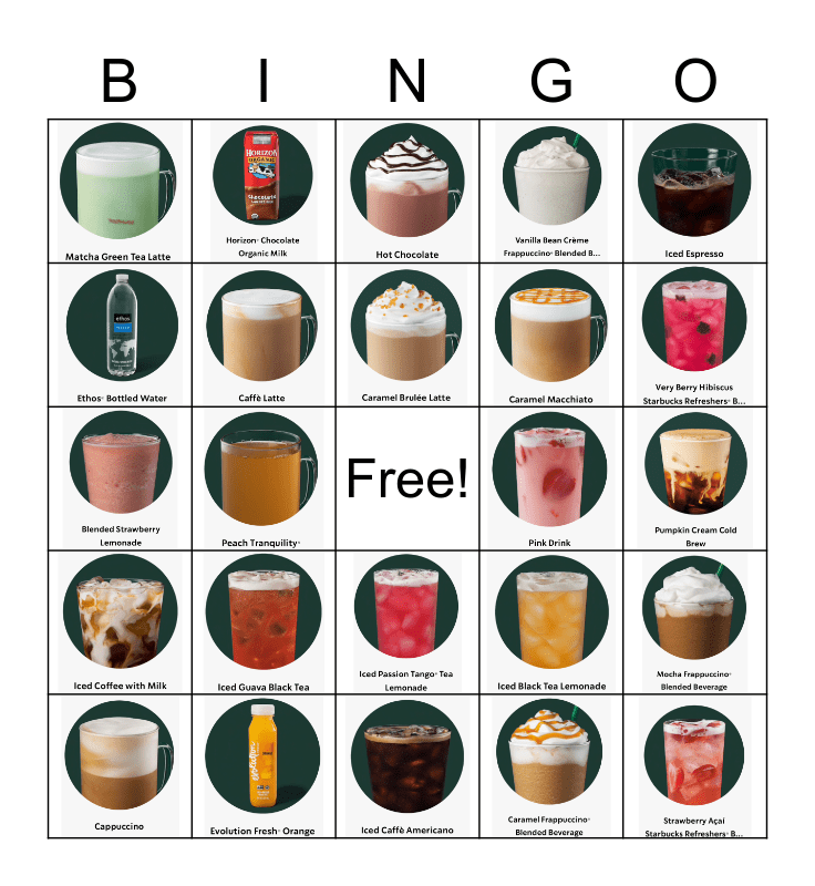 Starbucks Drinks Bingo Card