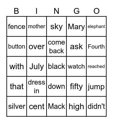 Mary Mack Bingo Card