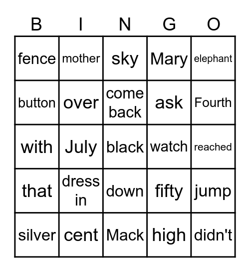 Mary Mack Bingo Card