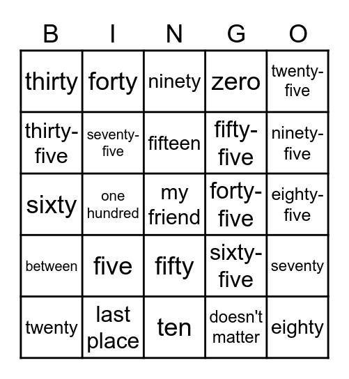 Count by Fives Song Bingo Card