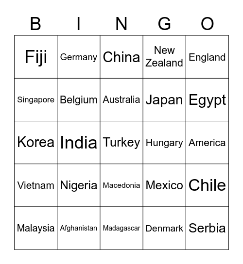 Country Bingo Card