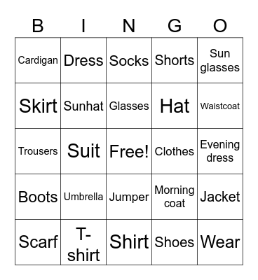 Clothing Bingo Card