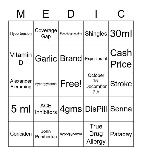 MEDIC PHARMACY BINGO Card