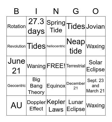 Astronomy Bingo Card