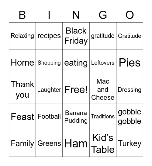 Creekside Thanksgiving Bingo Card