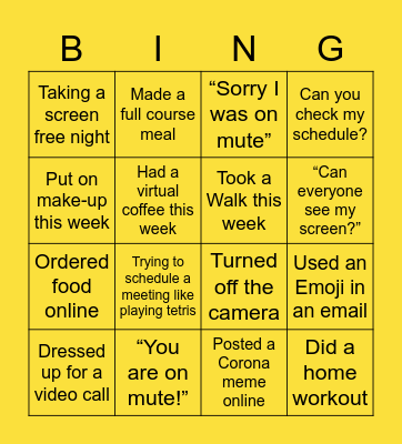 Remote Work Bingo Card