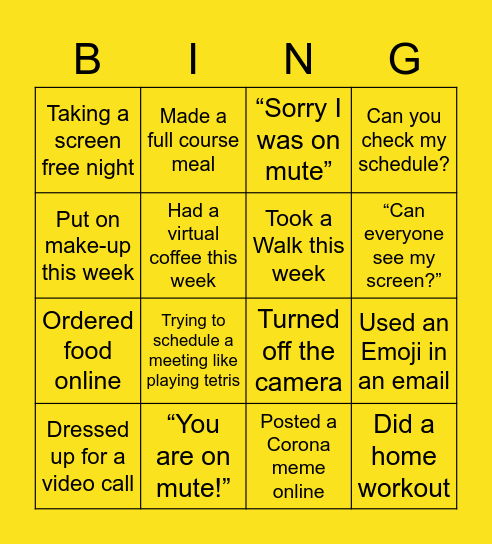 Remote Work Bingo Card