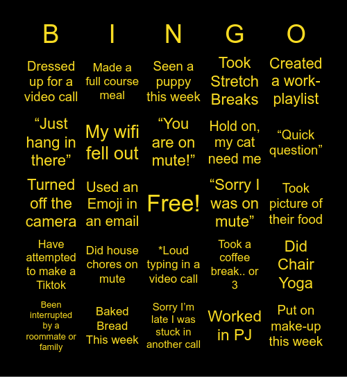 Remote Work Bingo Card