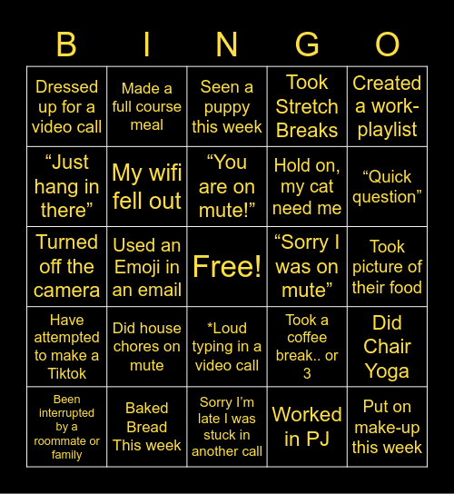 Remote Work Bingo Card