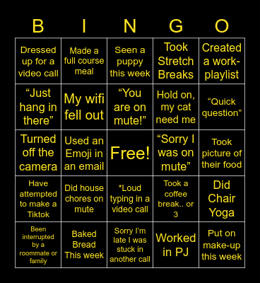 Remote Work Bingo Card