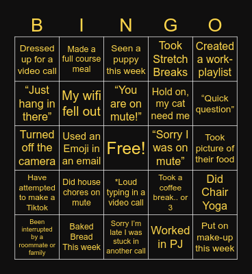 Remote Work Bingo Card