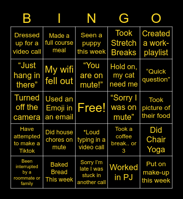 Remote Work Bingo Card