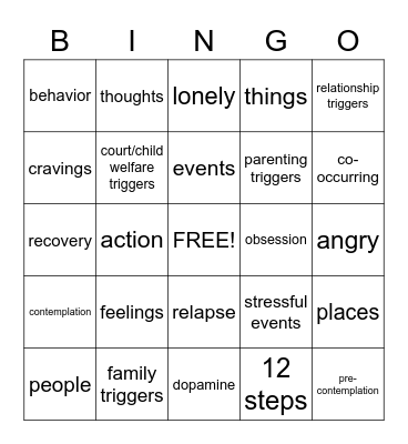 Relapse Prevention Bingo Card