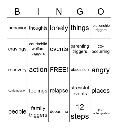 Relapse Prevention Bingo Card