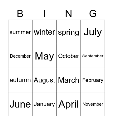 Months & seasons Bingo Card