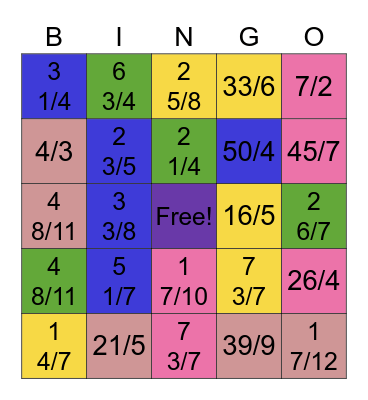 Improper Fractions and Mixed Numbers Bingo Card
