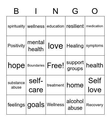 RECOVERY Bingo Card