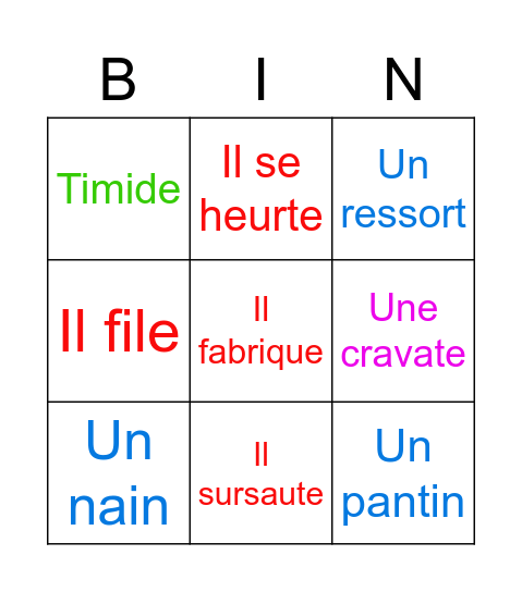 Les mots de Oui Oui 1 Bingo Card