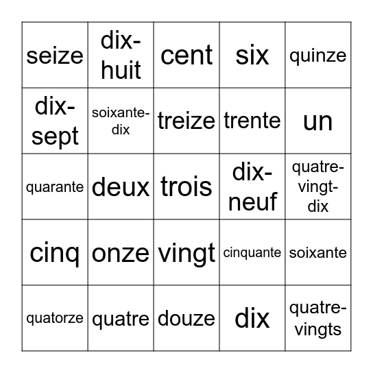 Les nombres Bingo Card