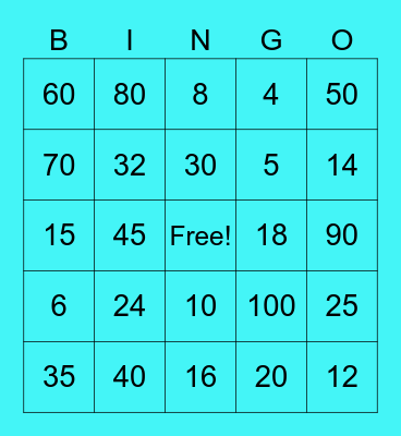 Multiplication Bingo (10s, 5s, 4s, and 2s) Bingo Card