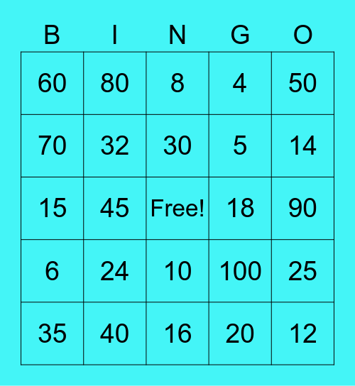 Multiplication Bingo (10s, 5s, 4s, and 2s) Bingo Card