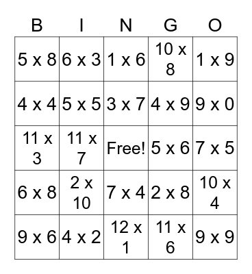 Multiplication Bingo Card
