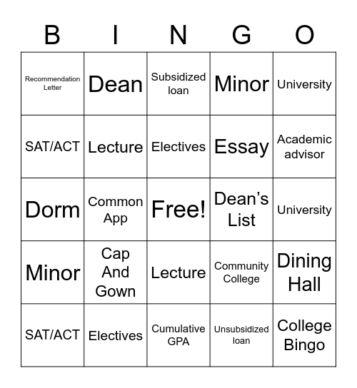 College Bingo Card