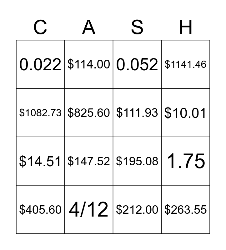 Simple and Compound Interest BINGO Card