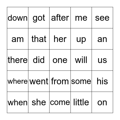 Sight Word Bingo Card