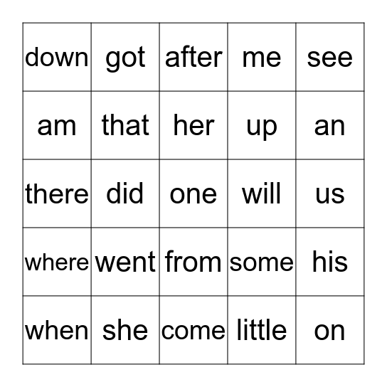 Sight Word Bingo Card