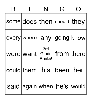 Sight Words Bingo Card