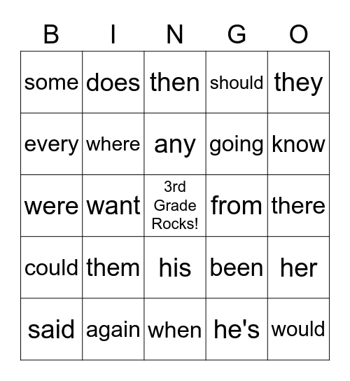 Sight Words Bingo Card