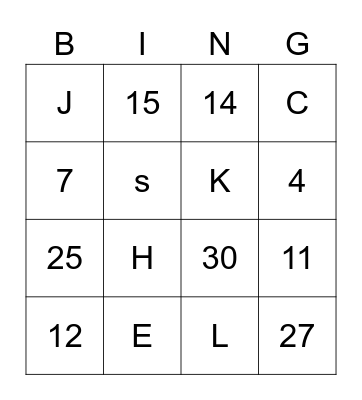 Number and Letters Bing Bingo Card