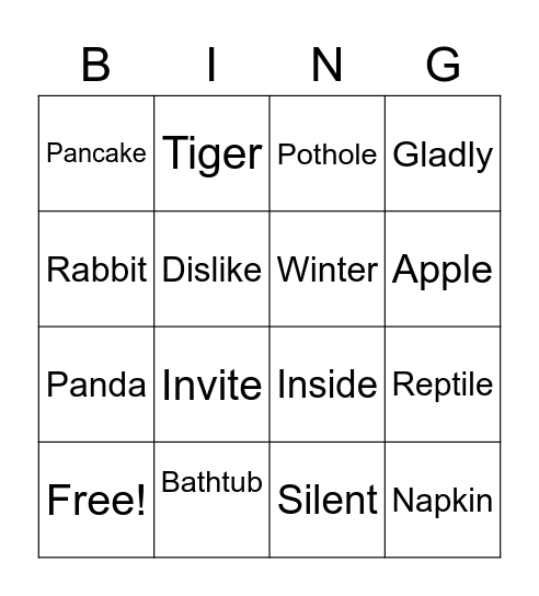 2 syllable bingo Card