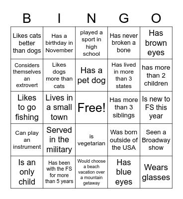 Get to Know our Team Bingo Card
