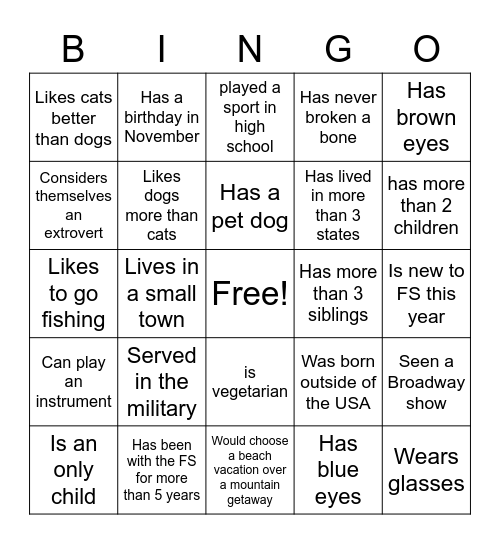 Get to Know our Team Bingo Card