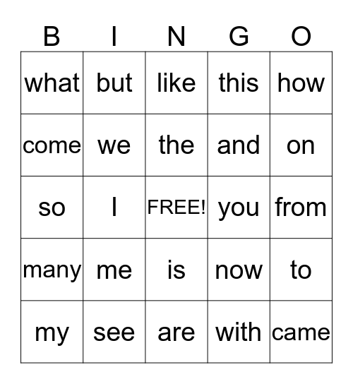 Snap Words Bingo Card