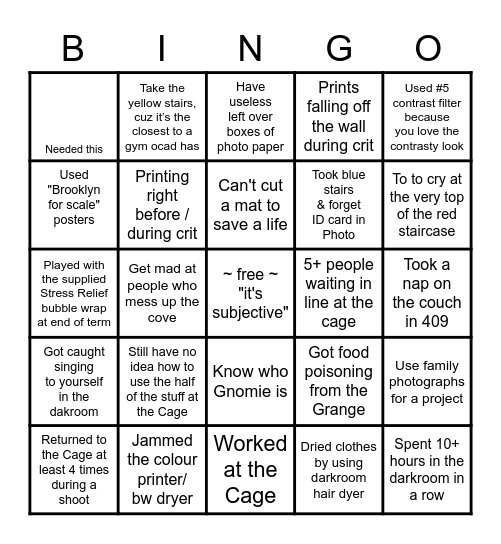 Photo Cage Bingo Card