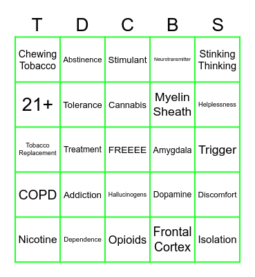 Substance Abuse Bingo Card