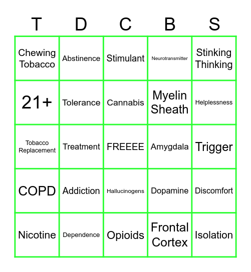 Substance Abuse Bingo Card