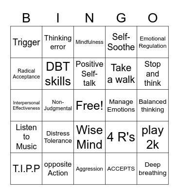 DBT Skills Bingo Card