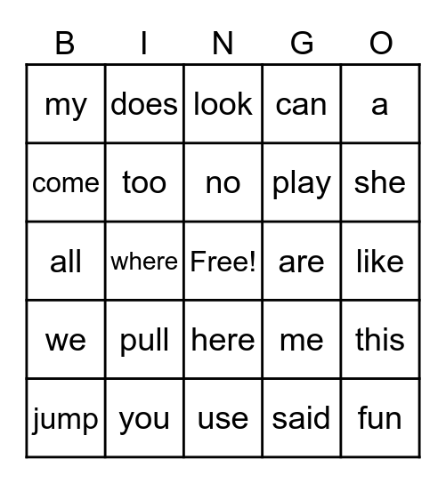 Sight Word BINGO Card