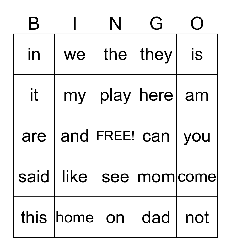High Frequency Words Bingo Card