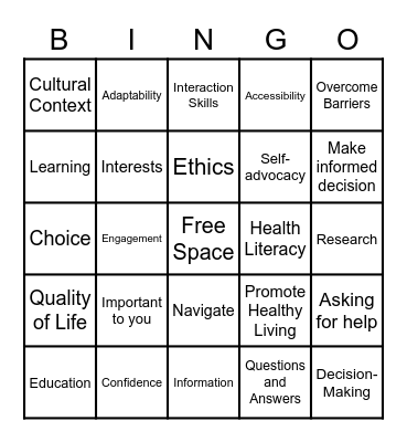 Health Literacy Bingo Card