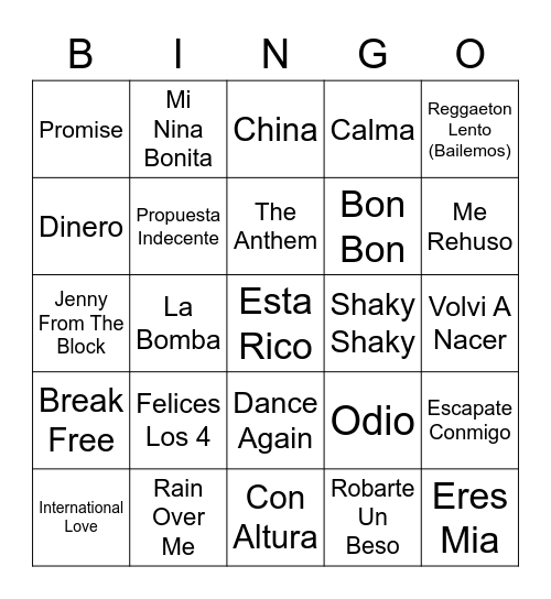 Latin Music Round Two Bingo Card