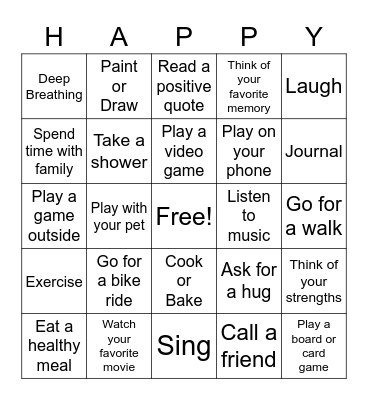 Coping Skills Bingo Card